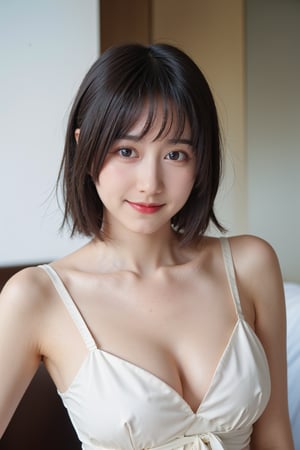 1girl, young woman, portrait, (18yo), black hair, short hair, smiling, detailed facial expressions, clear skin, bright eyes, (sexy wear), simple background, soft lighting, warm tone, realistic style, ambient light, (cinematic composition:1.2), wide-angle lens, best quality, masterpiece.