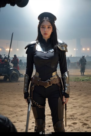 1girl, black hair, young, general, standing, full body, armor, sword, battlefield background, (captain's hat:1.2), (determined expression:1.3), (fierce gaze:1.4), medieval era, realistic, ambient light, cinematic composition, wide-angle lens, best quality, masterpiece.