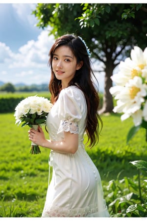 1girl, young woman,(25yo), black hair, long hair, detailed face, white wedding dress, holding a bouquet of roses, standing in a garden, smiling at the viewer, blooming flowers around, green grass, blue sky with fluffy clouds, realistic, ambient light, depth of field, (cinematic composition:1.3), soft focus on the subject, HDR, Accent Lighting, wide-angle lens, best quality, masterpiece