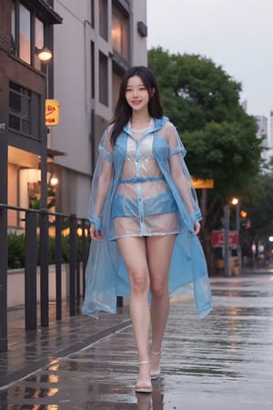 1girl, black hair, standing, full body, transparent raincoat, smiling, (beautiful eyes:1.2), (long hair:1.3), (transparent raincoat:1.5), urban background, light rain, puddles, city street, evening time, warm ambient light, (vivid colors:1.3), high resolution, best quality, masterpiece