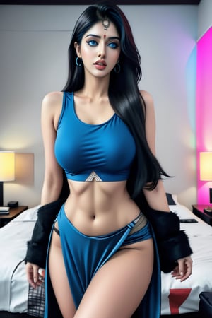 Generate a hot indian girl, sexy, realistic lovely cute young attractive indian girl, blue eyes, gorgeous actress, 19 years old, cute, an Instagram model, long hair, black hair, Indian, weaaring tank top black, wearing bindi in forehead, ear rings,looking hot, hotel bedroom cinematic light, in room perfect light, full body view,ASIAN realistic models ,Indian realistic 