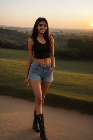 (masterpiece, top quality, best quality,1girls,indian_style, beautiful face, smile, long hair, 19 years old, tank top, black jacket, shorts, boots, hills, full body view, sunset, extra larger, awarde winning high quality realistic, 