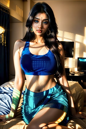 Generate a hot indian girl, sexy, realistic lovely cute young attractive indian girl, blue eyes, gorgeous actress, 19 years old, cute, an Instagram model, long hair, black hair, Indian, weaaring tank top black, wearing bindi in forehead, ear rings,looking hot, hotel bedroom cinematic light, in room perfect light, full body view,