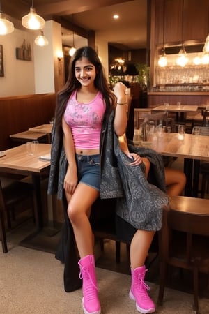 (masterpiece, instagram model high quality, top quality, best quality,1girls,indian, beautiful face, smile, long hair, 19 years old, pink printed tank top, black jacket, shorts, pink boots, hills, full body view, perfect shap,indian natural beauty, pose in realistic restaurant,
