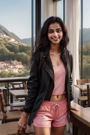 A masterpiece of Indian beauty, a stunning 19-year-old model with a radiant smile and luscious long hair, poses effortlessly in a cozy restaurant. Wearing a vibrant pink printed tank top under a sleek black jacket, paired with shorts and statement pink boots, she exudes confidence. The camera captures her full-body view against the picturesque hills backdrop, highlighting her perfect shape and natural beauty. The warm lighting and realistic setting create an intimate atmosphere, showcasing this Indian princess's true essence.