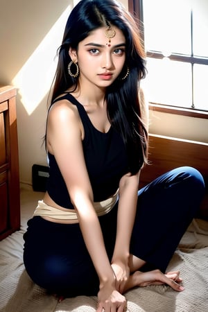 Generate a hot indian girl, realistic lovely cute young attractive indian girl, blue eyes, gorgeous actress, 19 years old, cute, an Instagram model, long hair, black hair, Indian, weaaring tank top black, wearing bindi in forehead, ear rings,looking hot, cinematic light, in room perfect light, full body view,,Indian realistic 