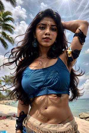 lovely cute young attractive indian girl, blue eyes, gorgeous actress, 19 years old, cute, an Instagram model, long hair, black hair, Indian, weaaring top blue, wearing bindi in forehead, ear rings,looking hot, under sunlight, looking on sky, full body view,