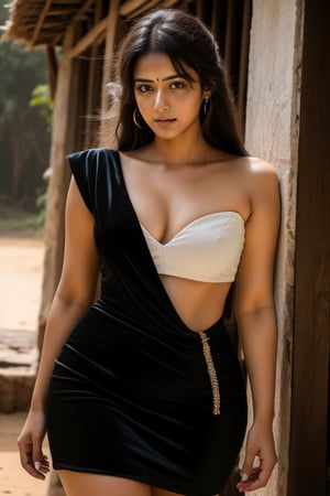 generate a highly semantic full photo of a girl like dream girl, long_hair milky white skin, indian, village girl,in beautiful one shoulder off one piece black dress, high_heels, raw, hd, high_resolution, HDR, masterpiece,  Ultra 16K and cinematic light effect.