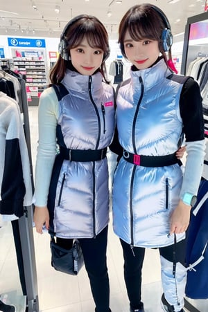 masterpiece, Highest quality, Very detailed, 8K Portrait, Japanese idol women,(2_girls):5,(friends):10,,group shot,Instagrammer pose, Plump, Portrait Shot, Futuristic space colony shopping mall, cyberpunk store style, (inside bright futuristic winter jacket store):1.5, Many astrovest on display,many astrovest ,holographic displays, floating clothes racks, zero-gravity fitting rooms, robotic shop assistants, BREAK (Metallic Gray, Metallic luster, Mirror finish,)(astro_vest):5, futuristic fashion items, smart fabric, BREAK headphone,(black sleeves):100, (Black tights), black belt, waist pouch, BREAK Smart Watches, holographic price tags, virtual try-on stations, BREAK headphone, blue eyes, (Black Hair):2, (Long Hair):1.3, Displaying the viewer, BREAK blush:3, smile, enjoy, excited expression, holding shopping bags, Astrovest branded clothing, BREAK floating mannequins, anti-gravity shoe display, space-themed accessories, BREAK other shoppers in background, futuristic payment systems, neon store signage
