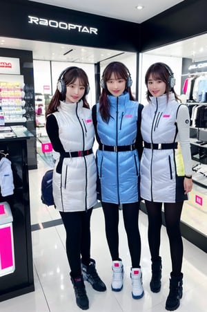 masterpiece, Highest quality, Very detailed, 8K Portrait, Japanese idol women,(2_girls):5,(friends):10,,group shot,Instagrammer pose, Plump, Portrait Shot, Futuristic space colony shopping mall, cyberpunk store style, (inside bright futuristic winter jacket store):1.5, Many astrovest on display,many astrovest ,holographic displays, floating clothes racks, zero-gravity fitting rooms, robotic shop assistants, BREAK (Metallic Gray, Metallic luster, Mirror finish,)(astro_vest):5, futuristic fashion items, smart fabric, BREAK headphone,(black sleeves):100, (Black tights), black belt, waist pouch, BREAK Smart Watches, holographic price tags, virtual try-on stations, BREAK headphone, blue eyes, (Black Hair):2, (Long Hair):1.3, Displaying the viewer, BREAK blush:3, smile, enjoy, excited expression, holding shopping bags, Astrovest branded clothing, BREAK floating mannequins, anti-gravity shoe display, space-themed accessories, BREAK other shoppers in background, futuristic payment systems, neon store signage
