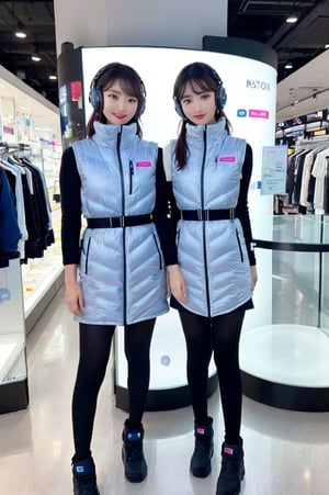 masterpiece, Highest quality, Very detailed, 8K Portrait, Japanese idol women,(2_girls):5,(friends):10,,group shot,Instagrammer pose, Plump, Portrait Shot, Futuristic space colony shopping mall, cyberpunk store style, (inside bright futuristic winter jacket store):1.5, Many astrovest on display,many astrovest ,holographic displays, floating clothes racks, zero-gravity fitting rooms, robotic shop assistants, BREAK (Metallic Gray, Metallic luster, Mirror finish,)(astro_vest):5, futuristic fashion items, smart fabric, BREAK headphone,(black sleeves):100, (Black tights), black belt, waist pouch, BREAK Smart Watches, holographic price tags, virtual try-on stations, BREAK headphone, blue eyes, (Black Hair):2, (Long Hair):1.3, Displaying the viewer, BREAK blush:3, smile, enjoy, excited expression, holding shopping bags, Astrovest branded clothing, BREAK floating mannequins, anti-gravity shoe display, space-themed accessories, BREAK other shoppers in background, futuristic payment systems, neon store signage
