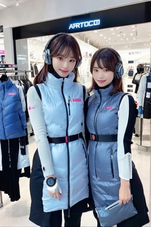 masterpiece, Highest quality, Very detailed, 8K Portrait, Japanese idol women,(2_girls):5,(friends):10,,group shot,Instagrammer pose, Plump, Portrait Shot, Futuristic space colony shopping mall, cyberpunk store style, (inside bright futuristic winter jacket store):1.5, Many astrovest on display,many astrovest ,holographic displays, floating clothes racks, zero-gravity fitting rooms, robotic shop assistants, BREAK (Metallic Gray, Metallic luster, Mirror finish,)(astro_vest):5, futuristic fashion items, smart fabric, BREAK headphone,(black sleeves):100, (Black tights), black belt, waist pouch, BREAK Smart Watches, holographic price tags, virtual try-on stations, BREAK headphone, blue eyes, (Black Hair):2, (Long Hair):1.3, Displaying the viewer, BREAK blush:3, smile, enjoy, excited expression, holding shopping bags, Astrovest branded clothing, BREAK floating mannequins, anti-gravity shoe display, space-themed accessories, BREAK other shoppers in background, futuristic payment systems, neon store signage
