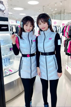 masterpiece, Highest quality, Very detailed, 8K Portrait, Japanese idol women,(2_girls):5,(friends):10,,group shot,Instagrammer pose, Plump, Portrait Shot, Futuristic space colony shopping mall, cyberpunk store style, (inside bright futuristic winter jacket store):1.5, Many astrovest on display,many astrovest ,holographic displays, floating clothes racks, zero-gravity fitting rooms, robotic shop assistants, BREAK (Metallic Gray, Metallic luster, Mirror finish,)(astro_vest):5, futuristic fashion items, smart fabric, BREAK headphone,(black sleeves):100, (Black tights), black belt, waist pouch, BREAK Smart Watches, holographic price tags, virtual try-on stations, BREAK headphone, blue eyes, (Black Hair):2, (Long Hair):1.3, Displaying the viewer, BREAK blush:3, smile, enjoy, excited expression, holding shopping bags, Astrovest branded clothing, BREAK floating mannequins, anti-gravity shoe display, space-themed accessories, BREAK other shoppers in background, futuristic payment systems, neon store signage
