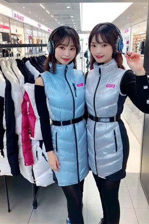 masterpiece, Highest quality, Very detailed, 8K Portrait, Japanese idol women,(2_girls):5,(friends):10,,group shot,Instagrammer pose, Plump, Portrait Shot, Futuristic space colony shopping mall, cyberpunk store style, (inside bright futuristic winter jacket store):1.5, Many astrovest on display,many astrovest ,holographic displays, floating clothes racks, zero-gravity fitting rooms, robotic shop assistants, BREAK (Metallic Gray, Metallic luster, Mirror finish,)(astro_vest):5, futuristic fashion items, smart fabric, BREAK headphone,(black sleeves):100, (Black tights), black belt, waist pouch, BREAK Smart Watches, holographic price tags, virtual try-on stations, BREAK headphone, blue eyes, (Black Hair):2, (Long Hair):1.3, Displaying the viewer, BREAK blush:3, smile, enjoy, excited expression, holding shopping bags, Astrovest branded clothing, BREAK floating mannequins, anti-gravity shoe display, space-themed accessories, BREAK other shoppers in background, futuristic payment systems, neon store signage
