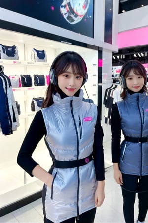 masterpiece, Highest quality, Very detailed, 8K Portrait, Japanese idol women,(2_girls):5,(friends):10,,group shot,Instagrammer pose, Plump, Portrait Shot, Futuristic space colony shopping mall, cyberpunk store style, (inside bright futuristic winter jacket store):1.5, Many astrovest on display,many astrovest ,holographic displays, floating clothes racks, zero-gravity fitting rooms, robotic shop assistants, BREAK (Metallic Gray, Metallic luster, Mirror finish,)(astro_vest):5, futuristic fashion items, smart fabric, BREAK headphone,(black sleeves):100, (Black tights), black belt, waist pouch, BREAK Smart Watches, holographic price tags, virtual try-on stations, BREAK headphone, blue eyes, (Black Hair):2, (Long Hair):1.3, Displaying the viewer, BREAK blush:3, smile, enjoy, excited expression, holding shopping bags, Astrovest branded clothing, BREAK floating mannequins, anti-gravity shoe display, space-themed accessories, BREAK other shoppers in background, futuristic payment systems, neon store signage
