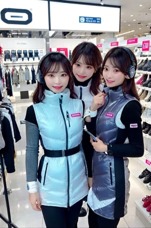 masterpiece, Highest quality, Very detailed, 8K Portrait, Japanese idol women,(2_girls):5,(friends):10,,group shot,Instagrammer pose, Plump, Portrait Shot, Futuristic space colony shopping mall, cyberpunk store style, (inside bright futuristic winter jacket store):1.5, Many astrovest on display,many astrovest ,holographic displays, floating clothes racks, zero-gravity fitting rooms, robotic shop assistants, BREAK (Metallic Gray, Metallic luster, Mirror finish,)(astro_vest):5, futuristic fashion items, smart fabric, BREAK headphone,(black sleeves):100, (Black tights), black belt, waist pouch, BREAK Smart Watches, holographic price tags, virtual try-on stations, BREAK headphone, blue eyes, (Black Hair):2, (Long Hair):1.3, Displaying the viewer, BREAK blush:3, smile, enjoy, excited expression, holding shopping bags, Astrovest branded clothing, BREAK floating mannequins, anti-gravity shoe display, space-themed accessories, BREAK other shoppers in background, futuristic payment systems, neon store signage
