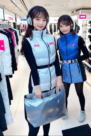 masterpiece, Highest quality, Very detailed, 8K Portrait, Japanese idol women,(2_girls):5,(friends):10,,group shot,Instagrammer pose, Plump, Portrait Shot, Futuristic space colony shopping mall, cyberpunk store style, (inside bright futuristic winter jacket store):1.5, Many astrovest on display,many astrovest ,holographic displays, floating clothes racks, zero-gravity fitting rooms, robotic shop assistants, BREAK (Metallic Gray, Metallic luster, Mirror finish,)(astro_vest):5, futuristic fashion items, smart fabric, BREAK headphone,(black sleeves):100, (Black tights), black belt, waist pouch, BREAK Smart Watches, holographic price tags, virtual try-on stations, BREAK headphone, blue eyes, (Black Hair):2, (Long Hair):1.3, Displaying the viewer, BREAK blush:3, smile, enjoy, excited expression, holding shopping bags, Astrovest branded clothing, BREAK floating mannequins, anti-gravity shoe display, space-themed accessories, BREAK other shoppers in background, futuristic payment systems, neon store signage
