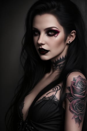 Beautiful realistic darkness girl vampire model, Black long straight haired, Vampire style clothing, vampire makeup face, Tatoo,
Hyper realistic, Super detailed, 8k, Lighting natural, Little exposure, Little shadows, UR_Art,