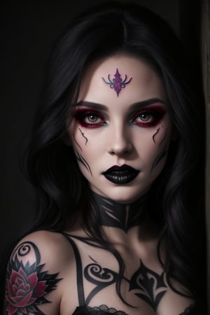 Beautiful realistic darkness girl vampire model, Black long straight haired, Vampire style clothing, vampire makeup face, Tatoo,
Hyper realistic, Super detailed, 8k, Lighting natural, Little exposure, Little shadows, UR_Art,