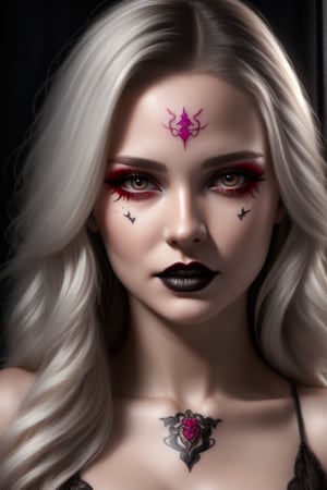 Beautiful realistic darkness girl vampire model, Platinum long straight haired, Vampire style clothing, vampire makeup face, white skin realistic details, Tatoo,
Hyper realistic, Super detailed, 8k, Lighting natural, Little exposure, Little shadows, UR_Art,