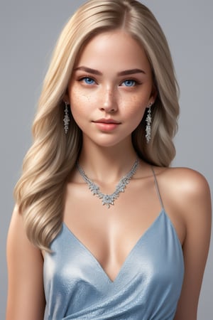 Beautiful realistic girl 20 model, Realistic platinum blonde long straight hair, Big cheeks, Realistic eyes, Detailed lips, Textured blue dress simple clothing, small simple earrings, small simple necklace, Beautiful sexy curved body, Caucasian skin realistic details with freckles with makeup face, Adorably feminine model photo pose, Realistic background,
(Photo srgb), (Hyper realistic), (Super detailed), 8k, (hdr:1.4), Lighting natural, Medium exposure, Soft shadows, Medium contrast, High sharpness, Medium saturation, TSR anti-aliasing, UR_Art,