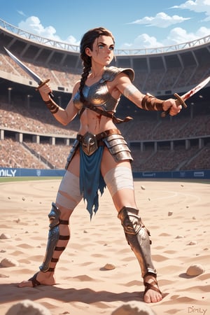 score_9, score_8_up, score_7_up, masterpiece, (high quality), (high resolution), (incredibly detailed), detailed scenery, detailed,
cinematic, depth of field,
1girl, (((side view))), illustration, highly detailed, skinny, model body, looking at viewer, 1girl, masterpiece, best quality, femgladiator, solo, scar, bloody, BREAK
(((((Bestiary gladiator armor, holding Single wide long dagger in hands))))), ((((dynamic pose))))
black hair, (single braid: 1.2), blue eyes,
(((a short soft tunic, arms and legs bandaged with tight bandages, leggings worn)))
best quality, depth of field, bokeh, (((full clothed))), dynamic pose
BREAK 
((((outdoor, gladiator arena, sand, colosseum, bloody, gore:1.2)))) score_9, score_8_up, score_7_up, score_6_up, source_cartoon, rating_explicit, Expressiveh, ((((full body))))), dynamic pose, dynamic pose
((((dirty)))),((dimly light:1.4)), 



cindrt,more detail XL,
