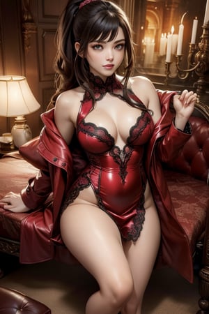 A masterpiece of photorealistic art! A 20-year-old woman lies seductive on a bed, her brown hair styled in a high ponytail with bangs framing her gentle face. Her hazel eyes gleam with mischief beneath brown eyeliner. She wears a black medieval dress and red velvet coat, the latter slipping off her shoulders to reveal a glimpse of her pure, sensual nature.

Her long legs stretch out before her, her skirt riding up to expose tantalizing hints of her curves. One arm stretches above her head, her hand caressing her breast as she moans softly. Her breasts are exposed, with a subtle glow emanating from her skin like neon lights in the dark. The camera captures this moment from above, emphasizing the intimacy and sensuality of the scene. Brown and red hues dominate the palette, punctuated by dramatic shadows that add depth to the image.,vpussy