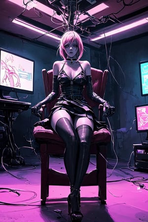 In a dark, horror-tinged cyberpunk cityscape at night, a single girl, Matilda, sits alone in front of a sleek, high-tech armchair, with her legs spread apart. She wears a choker, fingerless gloves, thighhighs, her short bob hair and pink locks framing a slutty expression. Her legs are spread open, presenting underneath her naked skirt and showcasing her tight platform heels and curves. The room is surrounded by cables, screens, and ventilation ducts, casting an eerie neon glow amidst the dark atmosphere.,heart hands, NSFW