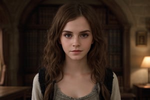 hyperrealistic photo of Emma Watson as Hermione Granger, in a classic scene from the movie "Harry Potter and the Sorcerer's Stone", when Hermione is ready for an adventure in Hogwarts. She is wearing the Hogwarts uniform, with a determined and intelligent expression, and a touch of discreet makeup, with nude lips and eyes lined with a thin stroke of black eyeliner. The image has a cinematic style, with soft lighting and a background of a Hogwarts classroom.