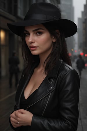 A hyperrealistic photo of Emily Ratajkowski in a dark and mysterious setting. She is dressed in a black leather jacket and a fedora hat, with an enigmatic look and a mysterious smile. The background is a dark and humid street, with fog and dim lights. The image conveys suspense and intrigue, as if it were in a mystery movie.