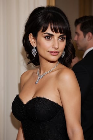 Penelope Cruz at a gala event, wearing a long and elegant black dress adorned with lace details and a subtle shimmer. She is wearing a diamond necklace and matching earrings that sparkle under the light of the party lights. Her makeup highlights her eyes with black eyeliner and voluminous lashes, and the intense red lipstick completes the glamorous look. 