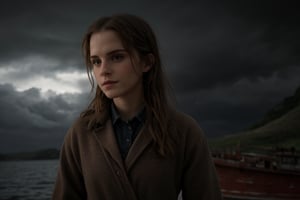 hyperrealistic photo of Emma Watson as a character in the movie "Noah", inside Noah's ark. She is dressed in simple, yet elegant clothes, appropriate for the time. Her expression is one of concern and determination, as she observes the raging storm outside. The image has a cinematic style, with dark lighting and a background of wood and elements of the ark, like animals and people in the background. 