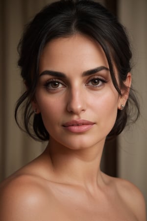 Hyperrealistic close-up portrait of Penelope Cruz with a focus on her face, neck, and shoulders. She is wearing a flawless makeup with black eyeliner, voluminous mascara, and intense red lipstick. Natural, soft lighting enhances her natural beauty, and the shadows create a dramatic and cinematic effect.  