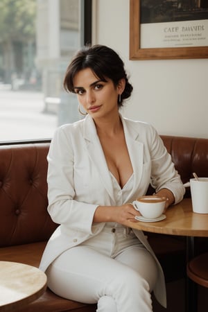 Penelope Cruz on a sunny afternoon, wearing a simple white cotton shirt, light jeans, and a navy blue blazer. She is sitting in a charming cafe, with a steaming cappuccino in her hands, reading a book. The image captures a moment of peace and tranquility, with realistic details like the texture of the fabric, the steam from the coffee, and natural lighting. 