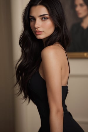 A classic portrait of Emily Ratajkowski, with focus on her natural beauty. The image is rich in detail, with soft and dramatic lighting that highlights her features and creates delicate shadows. She wears an elegant black dress, with a penetrating gaze and a confident posture. The image conveys the timeless beauty of a classic portrait, as if it were a work of art.