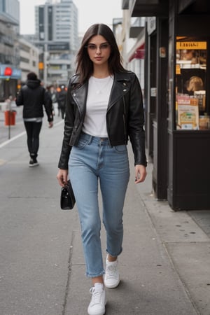 Emily Ratajkowski in an urban setting, with a modern and urban look. She wears a black leather jacket, jeans, and white sneakers, walking down a busy city street. The image captures the energy of urban life, with a touch of style and attitude.