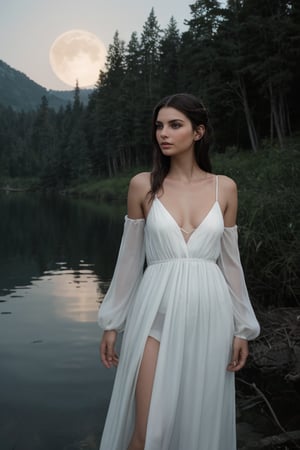 A photo of Emily Ratajkowski in a mysterious setting, with dramatic lighting created by the reflection of the moon on a lake. She is dressed in a long, flowing white dress, with her hair loose, with a touch of mystery and ethereal beauty. The image captures the essence of a fantasy movie scene with intriguing and surreal lighting. 