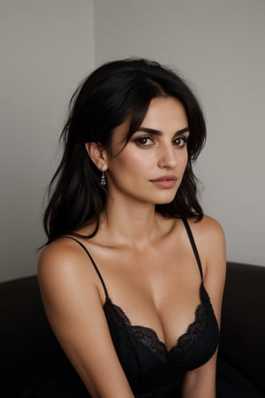 A classic portrait of Penelope Cruz, focusing on her beauty and elegance. She is wearing a black lace dress with an elegant neckline, and her long, dark hair is flowing. The soft and natural lighting enhances her delicate features, and the details of her makeup, such as the vibrant red lipstick and black eyeliner, complete the composition. 