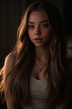 hyperrealistic photo of Sydney Sweeney with long dark blonde hair, in a dark and mysterious setting,  with soft and diffused lighting,  focus on details,  cinematic style,  high definition,  vibrant colors, 8k resolution, depth of field.