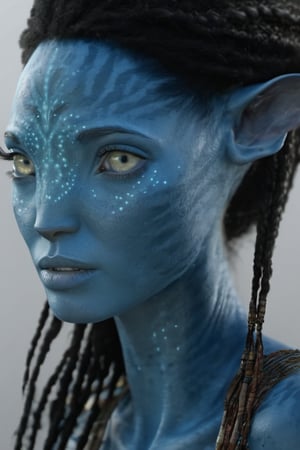 Angelina Jolie as A Na’vi, Avatar, afro , white blank background, pale lighting, concept art, low saturation, alien, jewlrey, portrait, lots of details, pale yellow eyes, blue skin, 4k, 8k, freckles, close up, AVATAR-OME, mother, small_ears