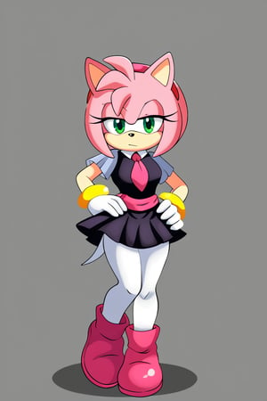 arsonicxoutift, black dress, short dress, white pantyhose, pink necktie, pink sash, short sleeves pink boots,
animal ears, amy rose, 1girl, animal nose, furry female, pink fur, pink hair, green eyes, white gloves, furry, white tail, upskirt, hand on hip, hand behind head