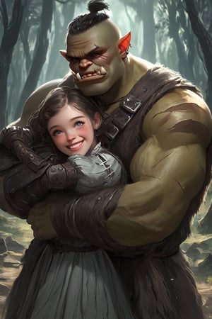 Contrasting scene Fierce orc warrior and gentle human Little girl,
 Orc: muscular build,((scarred face)), tusks, battle-worn armor, Menacing appearance but neutral expression.,
Girl: young innocent-looking Little girl,nordic, wearing simple dress. Smiling kindly at orc, arms wrapped around him in embrace. Orc's posture stiff, uncertain. Background suggests post-battle setting, muted colors. Soft lighting on girl, harsh on orc. Emphasis on size difference and contrasting