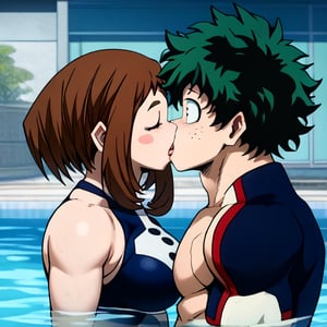 Izuku Midoriya / Deku  A BOY WITH GREEN hair, muscle abs
Ochako Uraraka  a girl with brown hair cute face curvy body
kissing, in the  pool, romantic, french kiss
