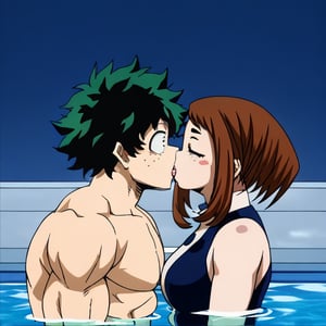 Izuku Midoriya / Deku  A BOY WITH GREEN hair, muscle abs
Ochako Uraraka  a girl with brown hair cute face curvy body
kissing, in the  pool, romantic, french kiss
