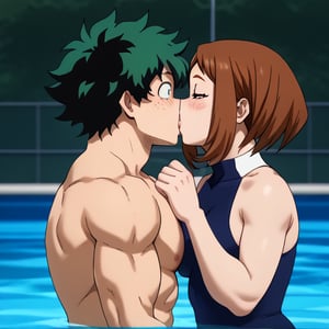 Izuku Midoriya / Deku  A BOY WITH GREEN hair, muscle abs
Ochako Uraraka  a girl with brown hair cute face curvy body
kissing, in the  pool, romantic, french kiss
