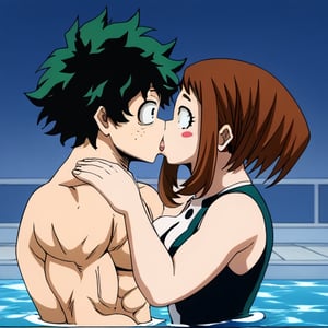 Izuku Midoriya / Deku  A BOY WITH GREEN hair, muscle abs
Ochako Uraraka  a girl with brown hair cute face curvy body
kissing, in the  pool, romantic, french kiss
