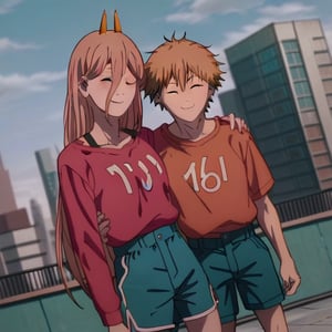 score_9,score_8_up,score_7_up,source_anime,anime screencap,anime coloring,1girl,1boy,power (chainsaw man),denji (chainsaw man),smile,t-shirt,dolphin shorts,:d,closed eyes,outdoors, cityscape, smile, looking at viewer, dutch angle, cowboy shot,ultra cute girl,,hugging