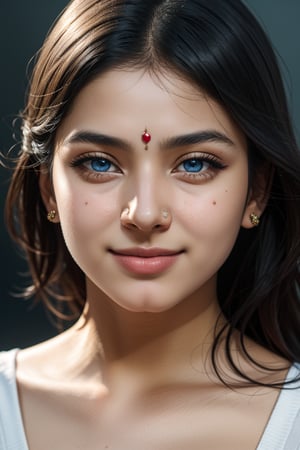 (best quality, 4k, 8k, highres, masterpiece:1.2), ultra-detailed indian teenager girl, (realistic, photorealistic, photo-realistic:1.37), black hair, blue eyes, wearing bindi on forehead, women, portrait, cinematic, soft lighting, ethereal atmosphere, dreamy expressions, dynamic composition, textured background, vivid colors, smile, graceful pose, professional, artistic, portrait photography, full body view, 