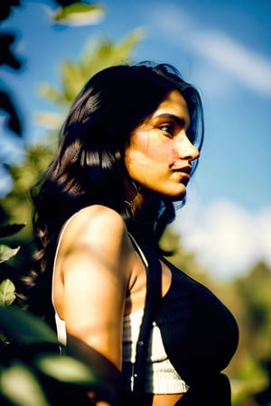 A photorealistic masterpiece captures the serene beauty of a 19-year-old Indian woman. Framed against a soft, analog-inspired backdrop, she stands tall in a fitted tank top and sleek black jacket, its glossy finish catching the warm light. Her dark hair cascades down her back like a waterfall, as she gazes into the distance with an air of quiet contemplation.