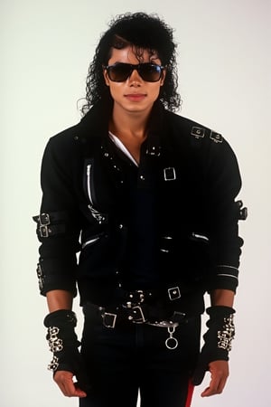 Photo of MJBAD87 Michael Jackson 1987 man White vaporwave background posing front shot stance in photoshoot black jacket wears black bracelet 4K smirk wears black shades glasses clenched hands looking at you,plain87